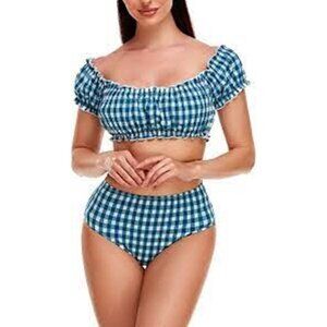COCOFREE Women LARGE Teal Gingham Puff Sleeve Bandeau High Waist BIKINI Swimsuit
